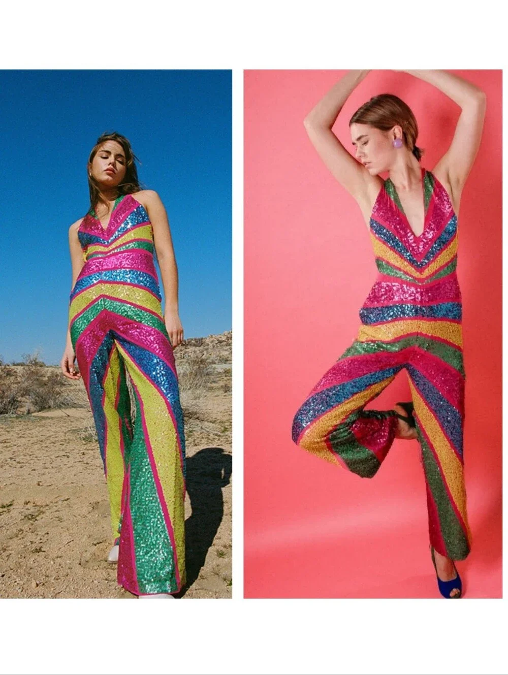 Nasty Gal Sequin Colorblock Plunge Wide Leg Jumpsuit Size 8 - Picture 2 of 5